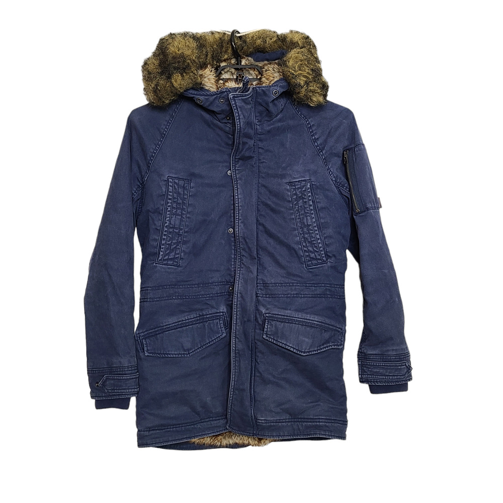 Hollister Parka Coat Womens Blue Faux Fur Lined Small Y2K Hood Warm